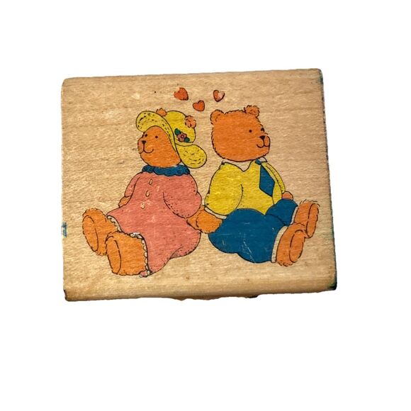 Noteworthy Teddy Bears Holding Hands Wood Mounted Rubber Stamp Mr. & Mrs. Bear - Picture 1 of 9